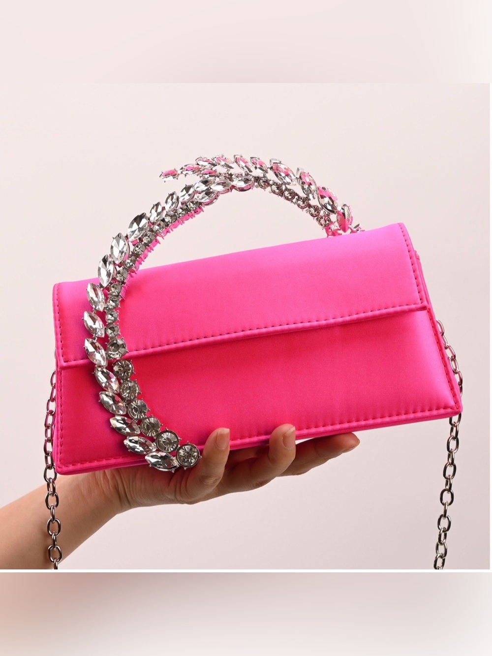 Cityclassified Hot Pink Satin Clutch with Crystal-Embellished Handle - Picture 10 of 11